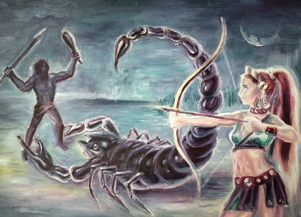 То ли Орион не ответил Артемиде взаимностью, то ли она ему, но там, где нет равновесия, случается драма. Артемида, Скорпион и Орион. Взято из Pinterest