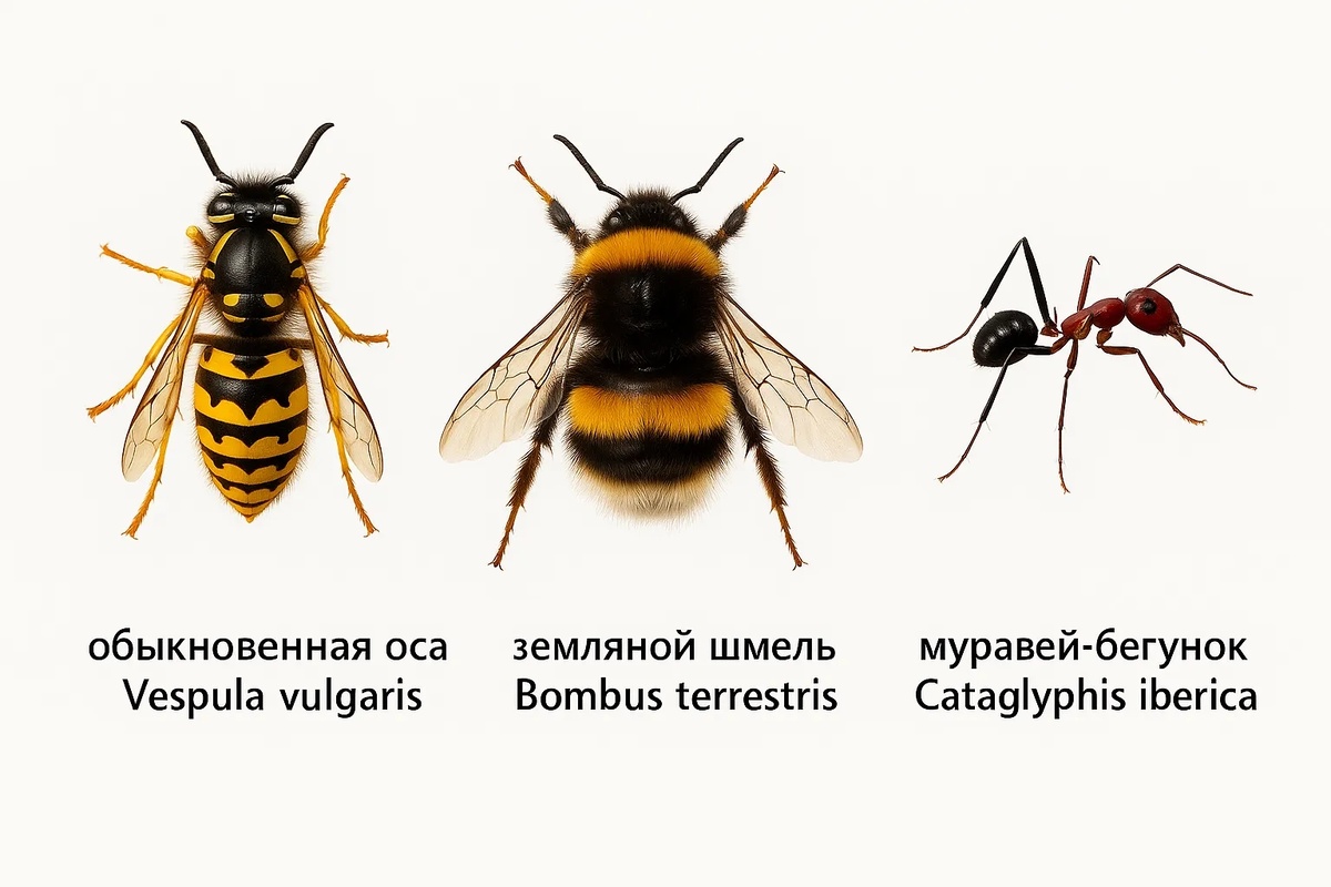 Обыкновенная оса Vespula vulgaris, земляной шмель Bombus terrestris, муравей-бегунок Cataglyphis iberica