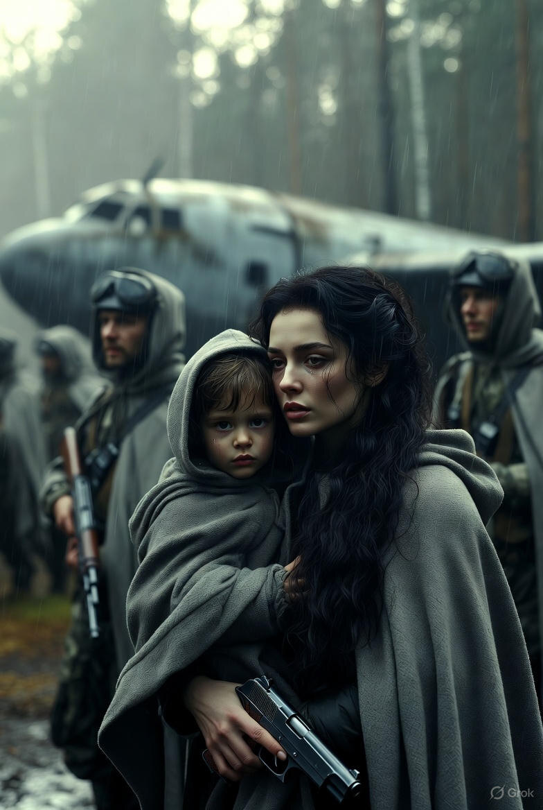 Иллюстрация "Орин с мамой после падения плазмолёта" срзданасетью Грок