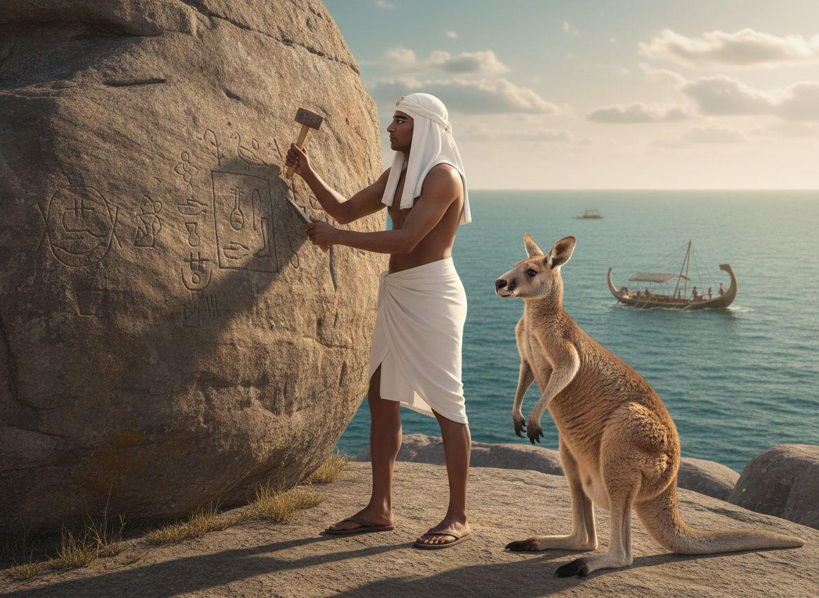 Фотоколлаж автора. Древний египтянин оставляет послание в Австралии после кораблекрушения