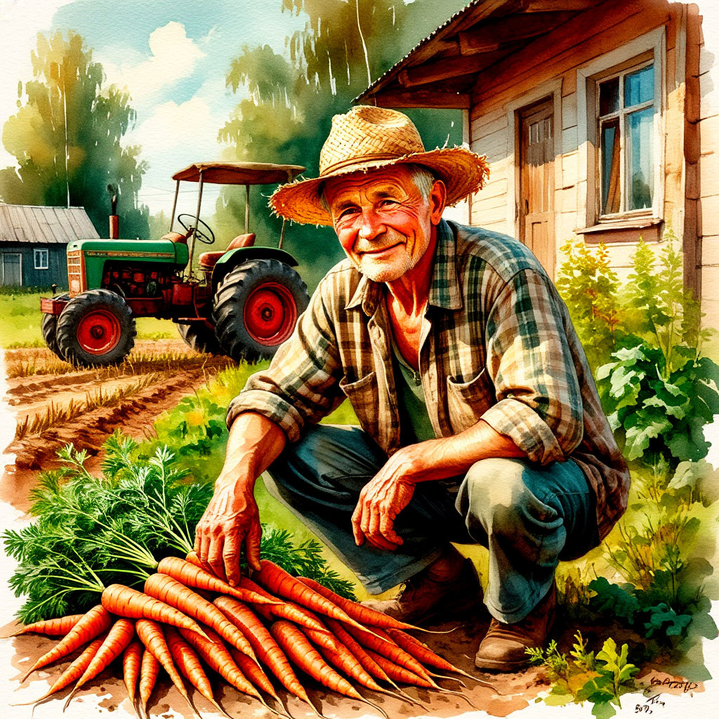Дачный дзен: когда главная радость — не в идеальном урожае, а в моменте. Пожилой дачник наблюдает за уезжающим трактором, а рядом — его верные «спутники»: лопата, мотоблок и грядка с первой морковью.