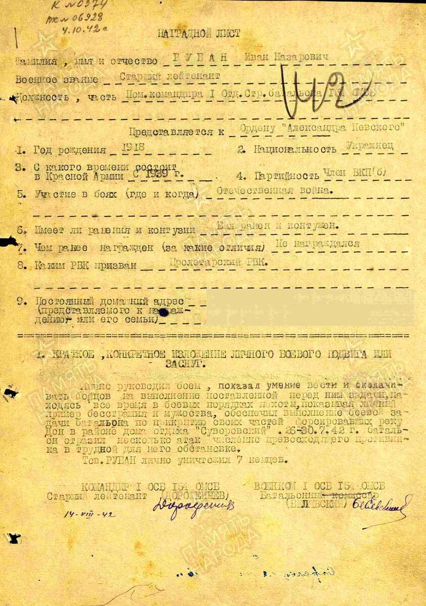Наградной лист на Рубана Ивана Назаровича от 14 августа 1942 года. источник портал "память народа"