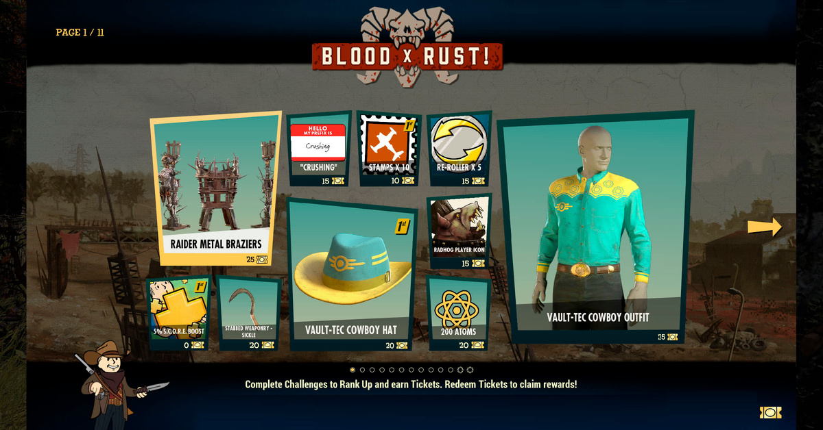 1 страница наград 23‑го сезона «Кровь и ржавчина» в игре Fallout 76