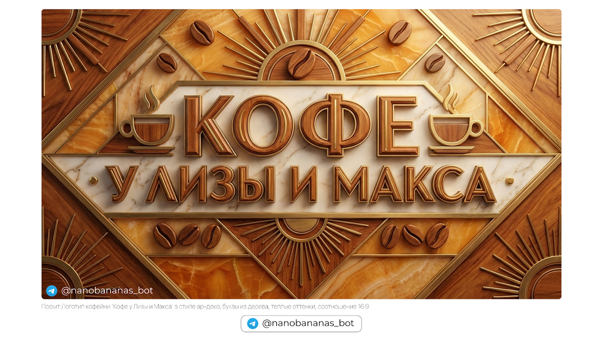 Промт: Логотип кофейни 'Кофе у Лизы и Макса' в стиле ар-деко, буквы из дерева с текстурой, тёплые коричневые и бежевые оттенки, соотношение 16:9ъ