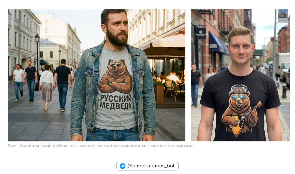 Промт:  Создай мокап: дизайн футболки с принтом русского медведя в солнцезащитных очках на модели молодом мужчине, уличная фотография, фон — центр Москвы размыт, casual стиль, естественное освещениеИз чего состоит: тип контента (мокап) + товар + принт + модель + локация + стиль съёмки