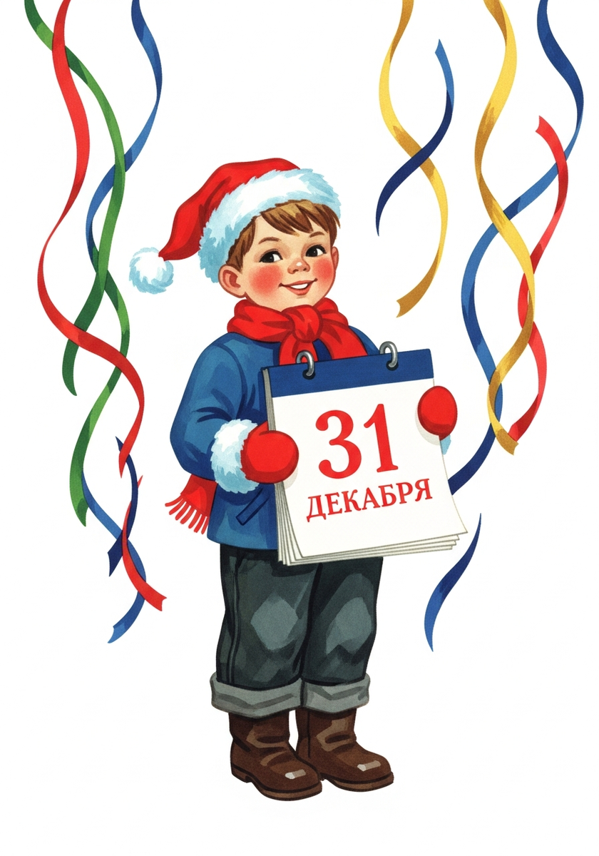 Мальчик в новогодней шапке держит календарь с датой 31 декабря, вокруг цветные ленточки, зимняя праздничная иллюстрация для карточек мемо