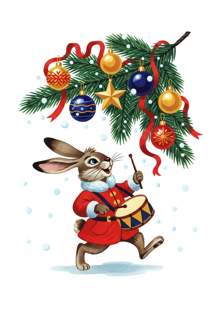 Новогодний зайчик в красной шубке играет на барабане под ёлочной веткой с шарами и лентами, яркая иллюстрация для карточек мемо и настольной игры