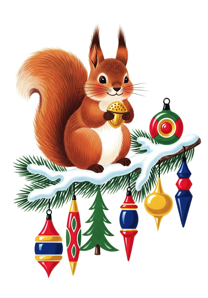 Белка с шишкой сидит на заснеженной еловой ветке с яркими новогодними игрушками, новогодняя иллюстрация для карточек мемо