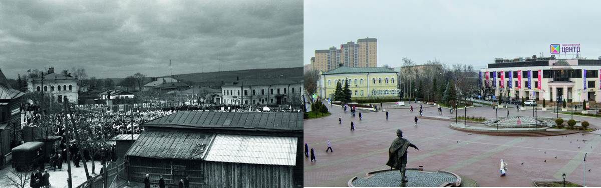 Центральная площадь Дмитрова. Фото слева, скорее всего - конец 50х. Снимок сделан с крепостного вала. Единственное, что сохранилось - здание слева с арочными окнами на втором этаже. На площади проходили демонстрации и народные гуляния. Это, скорее всего, 7 ноября.