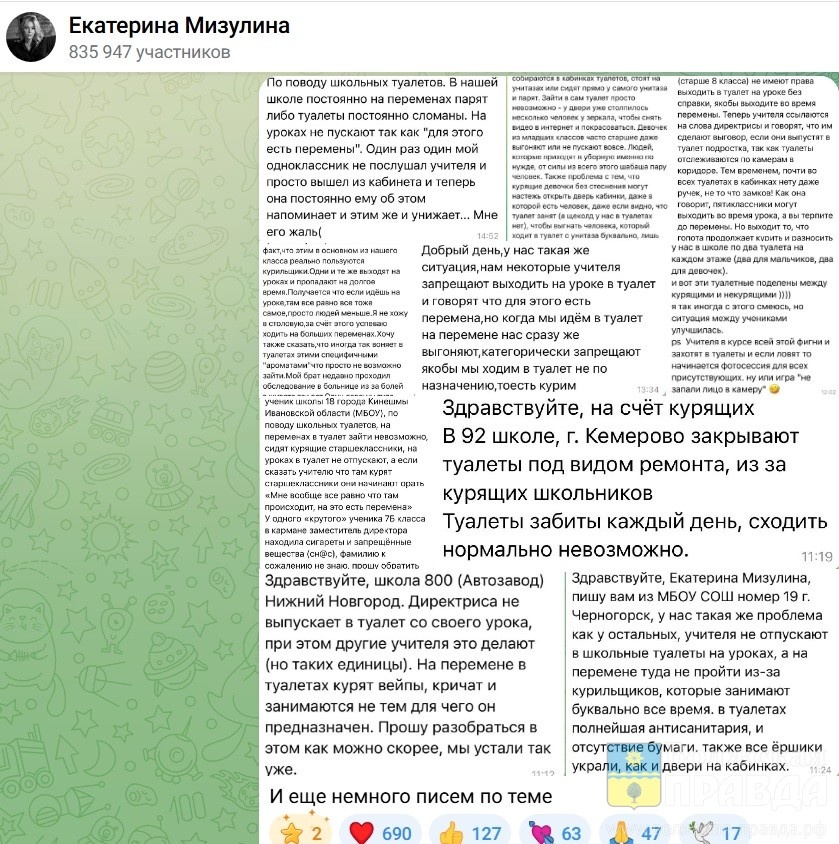 Скриншот с ТГК Екатерины Мизулиной📷    Парят, стоя на унитазах, или сидя вокруг них: школьница из Волгограда пожаловалась Мизулиной