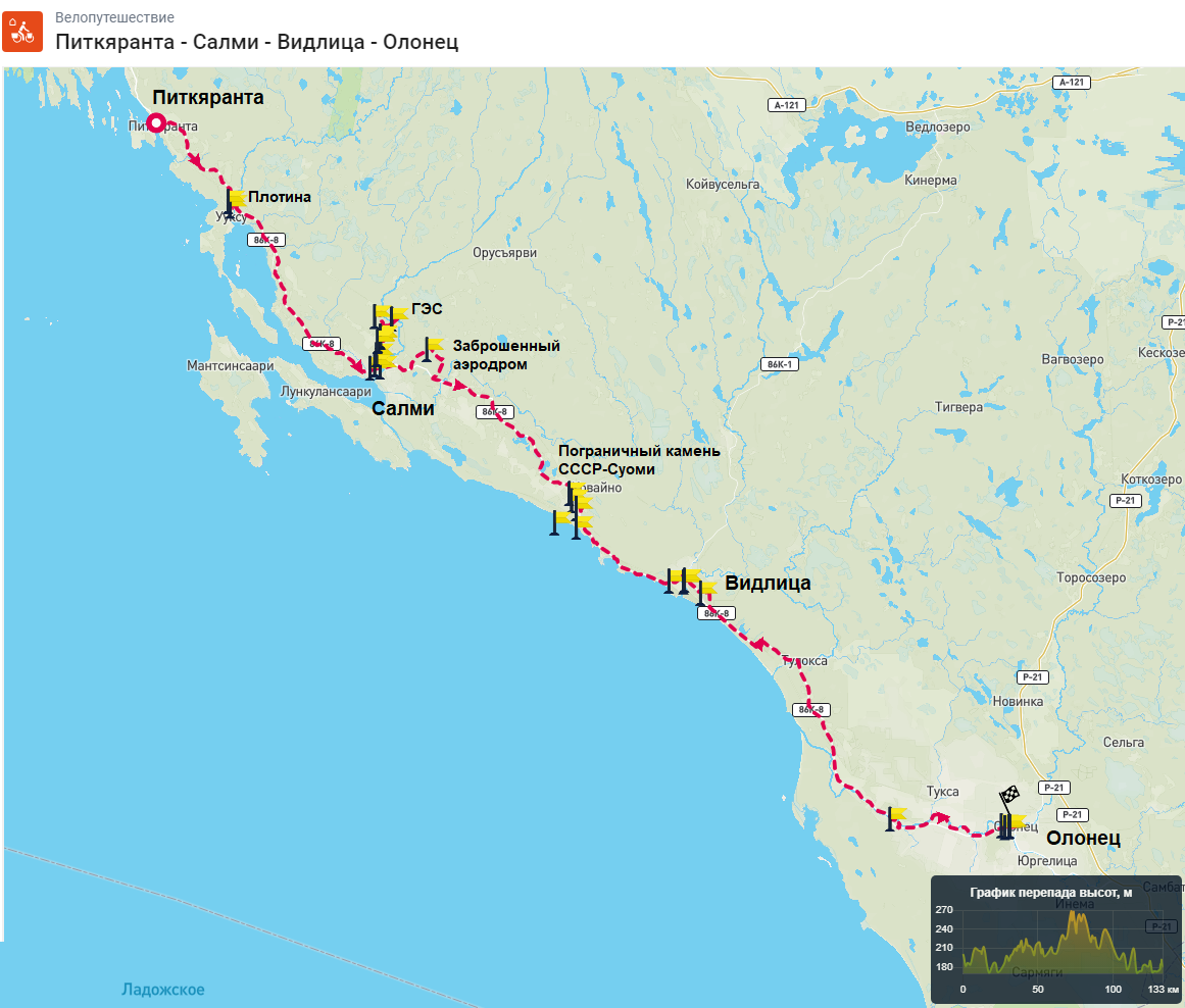 День 3. Схема веломаршрута по Карелиииз Питкяранты в Олонец.