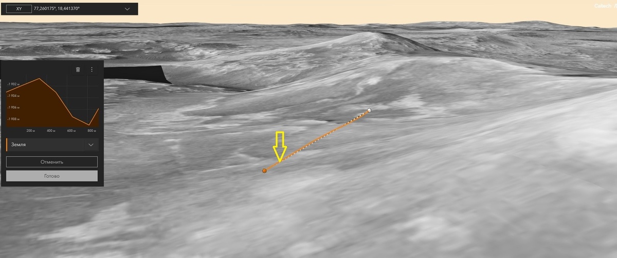 Примерное место ровера на 1690 сол обозначено желтой стрелкой.