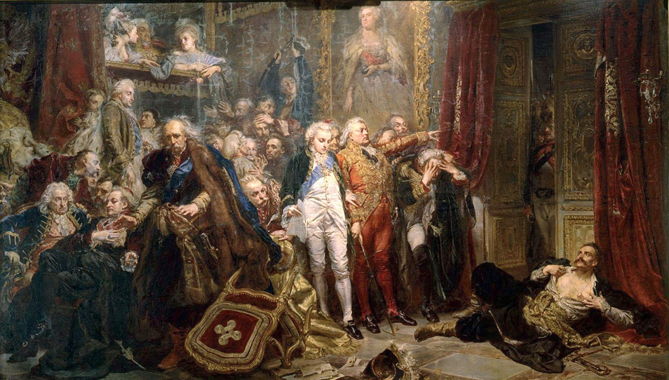 «Рейтан. Упадок Польши», картина Яна Матейко. Картина изображает события Разделительного сейма в апреле 1773 года, в ходе которого Тадеуш Рейтан попытался сорвать заседание и таким образом не допустить раздела Речи Посполитой. Чтобы не выпустить депутатов из зала заседаний, Рейтан лёг перед выходом со словами: «Убейте меня, не убивайте Отчизну!»