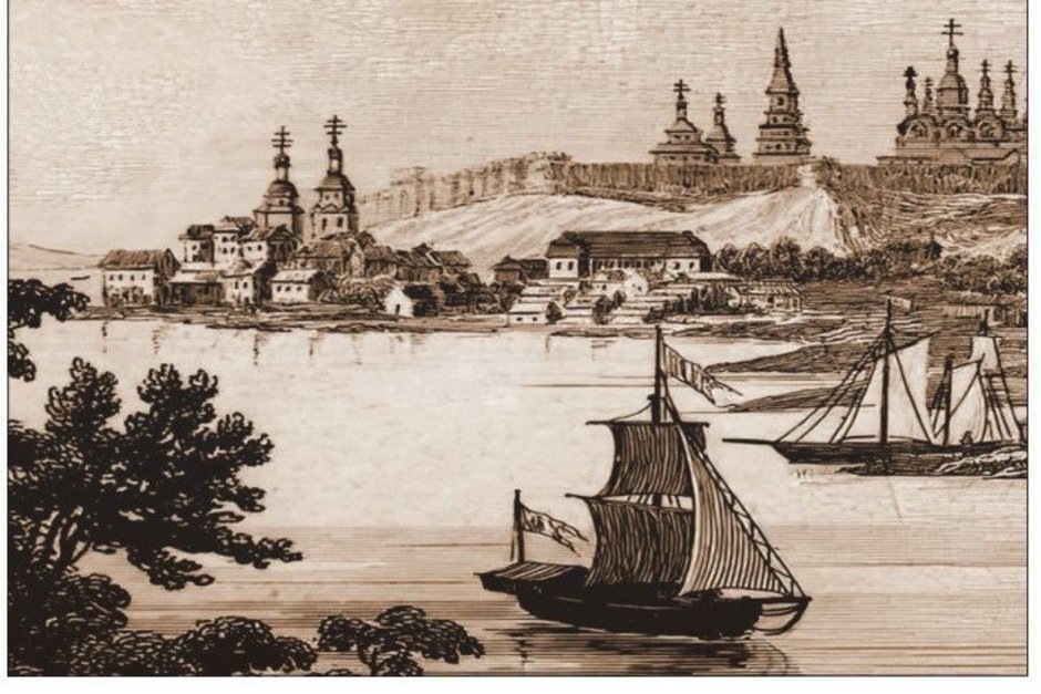    Вид на крепость и церковь Ярославских Чудотворцев (слева), некогда стоявшую на линии северного фасада существующего комплекса цирка. А.И. Свечин. 1762 год. Предоставлено Андреем Останиным