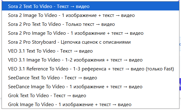Список доступных моделей на момент написания статьи