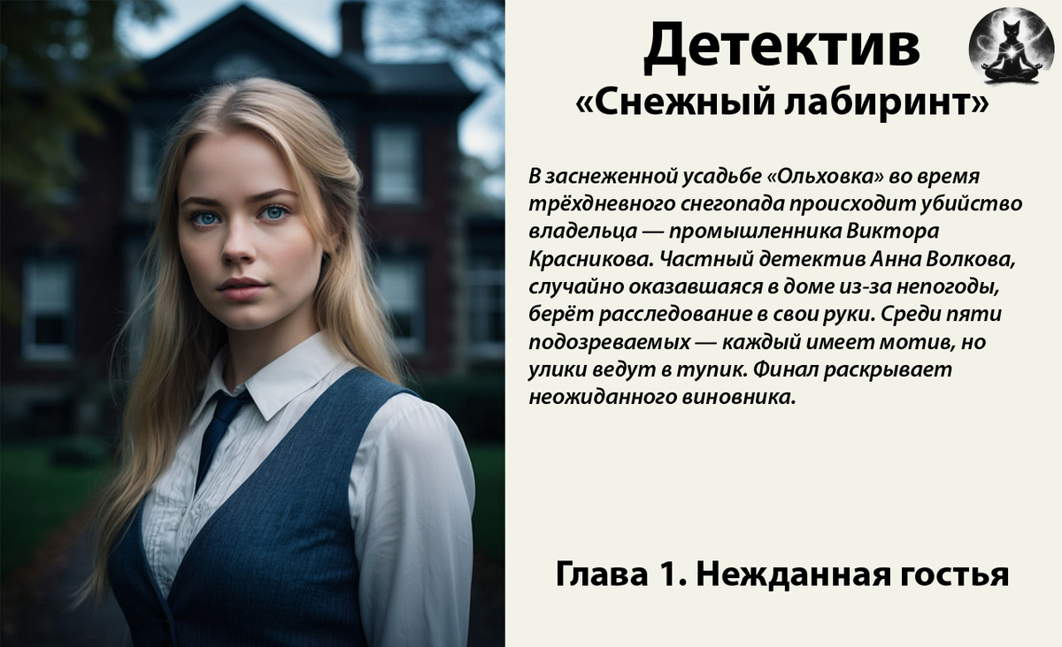 Детектив «Снежный лабиринт». В заснеженной усадьбе «Ольховка» во время трёхдневного снегопада происходит убийство владельца — промышленника Виктора Красникова. Частный детектив Анна Волкова, случайно оказавшаяся в доме из-за непогоды берёт расследование в свои руки. *Картинка создана с помощью ИИ и доработана в фоторедакторе* 