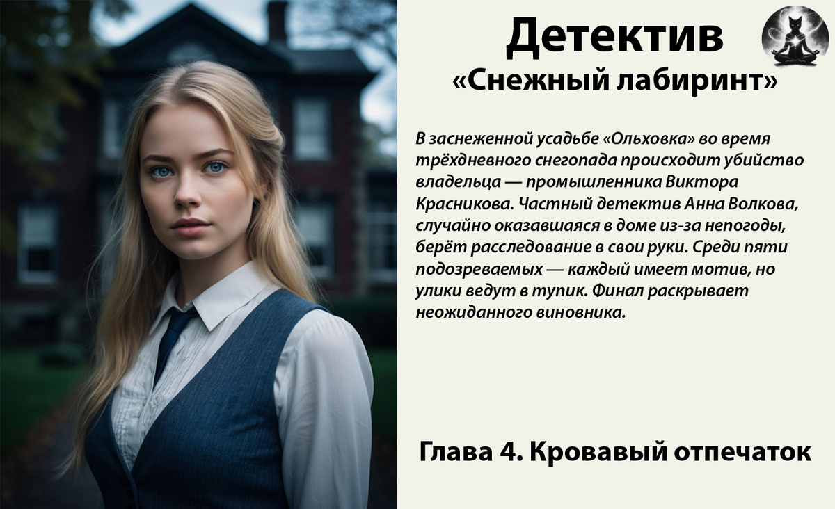 Детектив «Снежный лабиринт». В заснеженной усадьбе «Ольховка» во время трёхдневного снегопада происходит убийство владельца — промышленника Виктора Красникова. Частный детектив Анна Волкова, случайно оказавшаяся в доме из-за непогоды берёт расследование в свои руки. *Картинка создана с помощью ИИ и доработана в фоторедакторе*