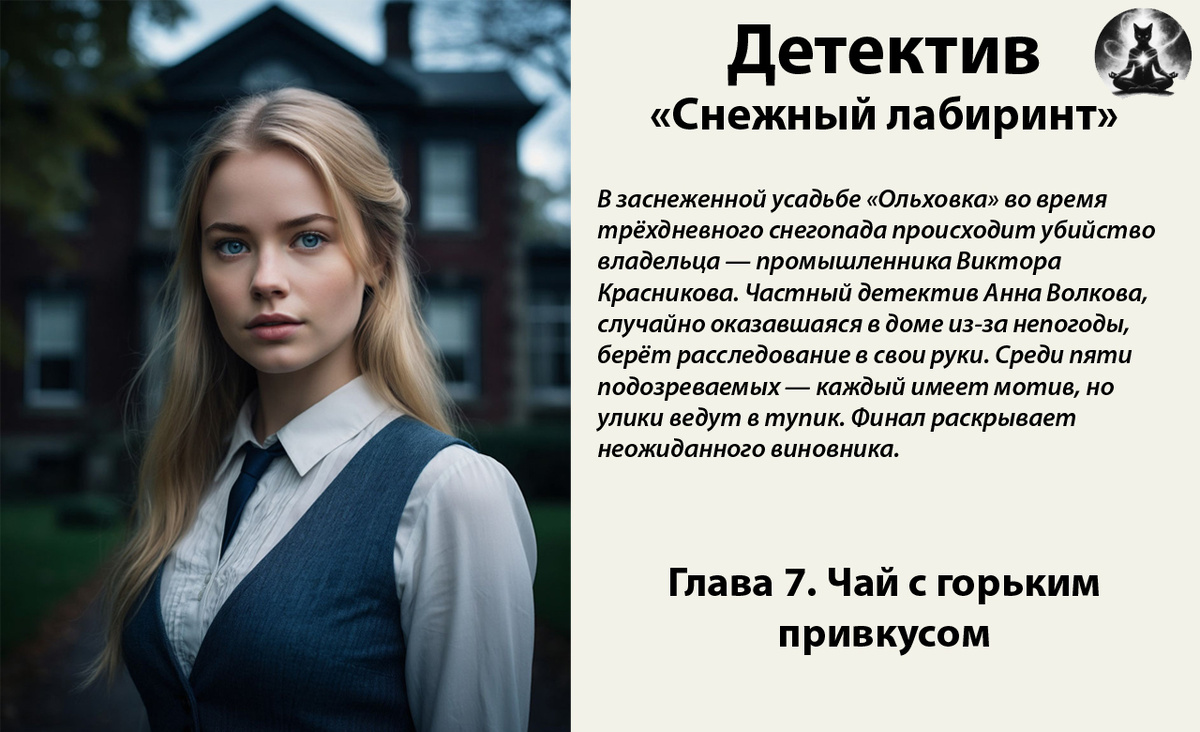 Детектив «Снежный лабиринт». В заснеженной усадьбе «Ольховка» во время трёхдневного снегопада происходит убийство владельца — промышленника Виктора Красникова. Частный детектив Анна Волкова, случайно оказавшаяся в доме из-за непогоды берёт расследование в свои руки. *Картинка создана с помощью ИИ и доработана в фоторедакторе*