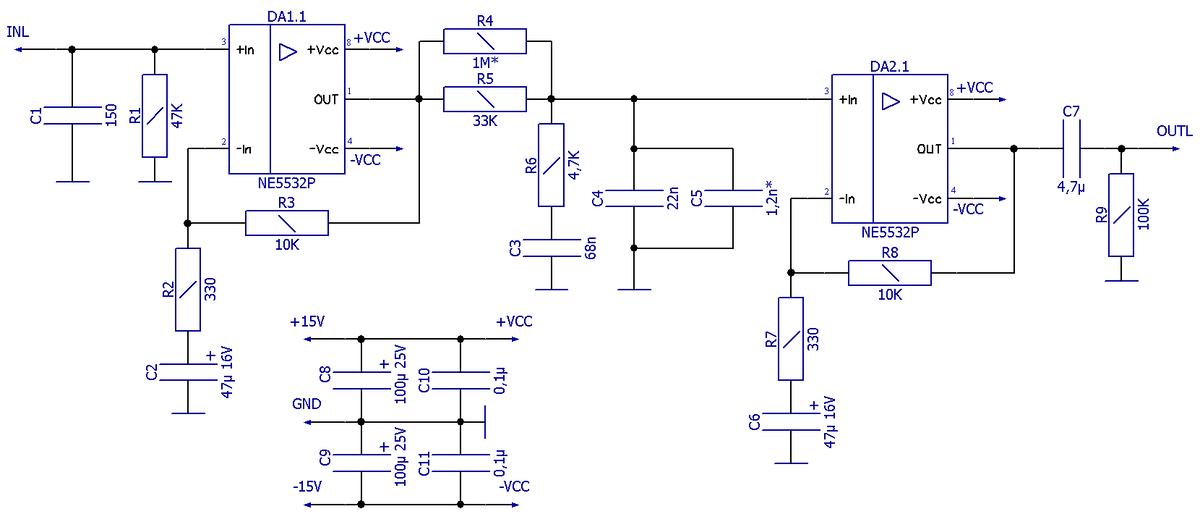 Схема электрическая принципиальная усилителя-корректора RIAA