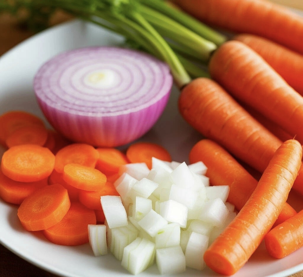 Овощи должны быть примерно одинаковыми по весу — тогда сладость моркови не доминирует, а лук даёт гармонию.