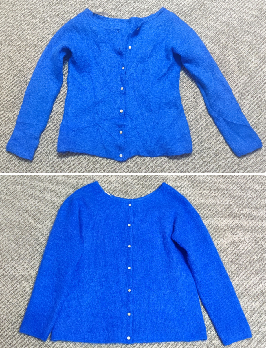 Вот фото  ДО и ПОСЛЕ. Заметьте, что после расчесывания, он стал минимум на размер больше. После высыхания в правильном свидетельствует выправилась линия горловины, рукава стали шире, тк волоски мохера больше не цеплялись друг за друга. 