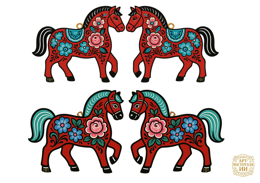 Шаблон елочной игрушки «Лошадь» — авторская работа арт-мастерской ИИ, созданная с вдохновением и любовью к русским традициям.