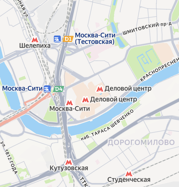 Станция Москва-Сити (Тестовская) МЦД-1 на карте современной Москвы. Яндекс.Карты.