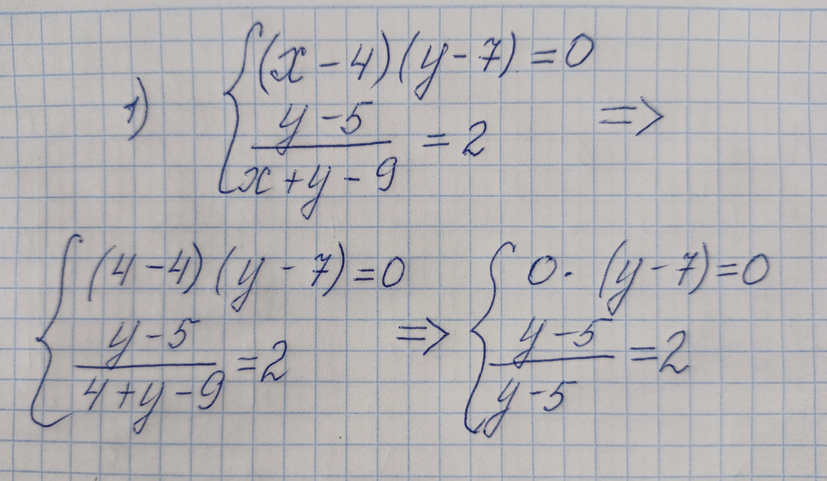 Решим первое уравнение  0•(у-7)=0. Оно верно при любом у. Ответ: у - любое число.