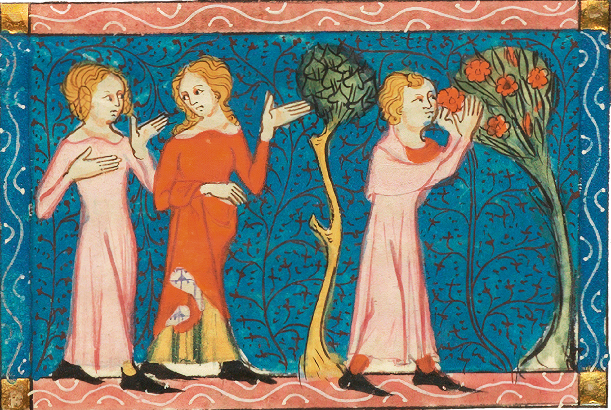 Запах розы
В Средневековье зрение и слух ценились выше остальных чувств, поскольку позволяли воспринимать мир на расстоянии. Обоняние, осязание и вкус, требующие непосредственного контакта, считались менее значимыми. Однако из этого правила было исключение: приятный аромат цветов, особенно розы, вызывал восхищение. Аромат розы считался самым благородным из всех запахов. Некоторые даже связывали запах с цветом, полагая, что красная роза пахнет лучше белой.
Гийом де Лоррис и Иехан де Меунг, «Le Roman de la Rose», 1340 - 60. Bibliothèque Nationale de France, Париж, г-жа Français 1567, фолио 26 verso.