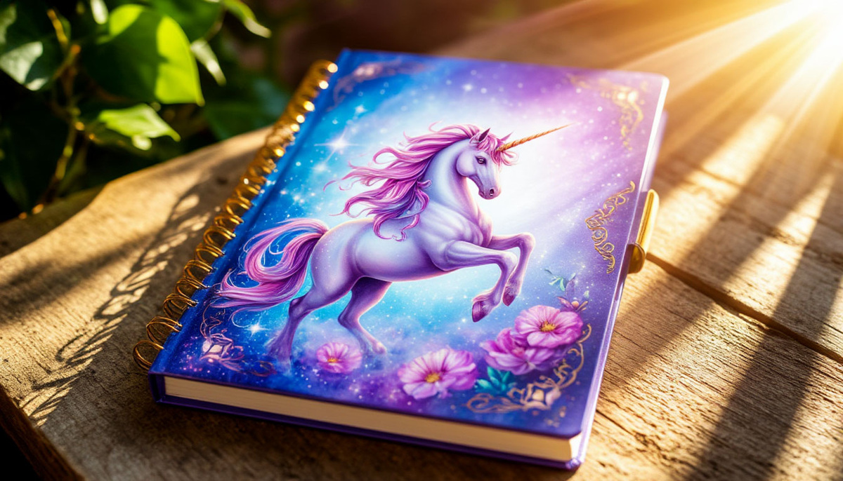 Волшебная тетрадка с единорогом на обложке.