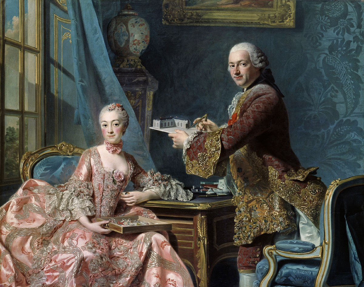 Вкусы мадам де Помпадур
Хотя маркиза де Помпадур питала особую привязанность к розовому цвету, что общеизвестно, она не была первопроходцем в его популяризации при французском дворе. Розовый уже пользовался успехом там до её появления в 1745 году, проявляясь не только в одежде, но и в интерьере. Однако именно Помпадур утвердила моду на сочетание нежно-розового с бледно-голубым, поддерживая эту тенденцию на протяжении почти двадцати пяти лет. Она также способствовала отказу от темных, ярких оттенков, предпочитая более светлые и изысканные тона, напоминающие современный "rose dragée" – цвет французских сахарных миндалин.
Александр Рослин, мадам де Помпадур и её брат, 1754. Гётеборгский художественный музей, Гётеборг (Швеция).