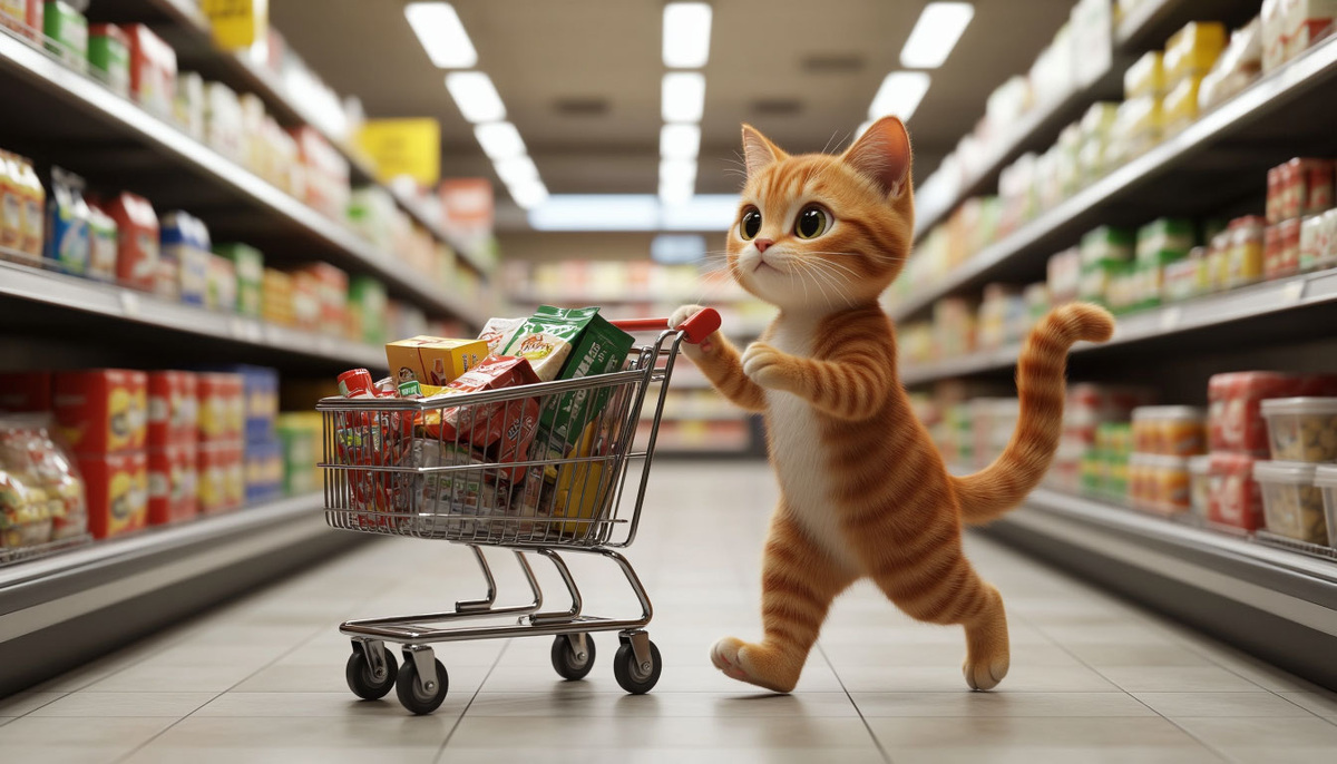 Котик совершает стратегическую закупку. Следующая цель — отдел с рыбой.