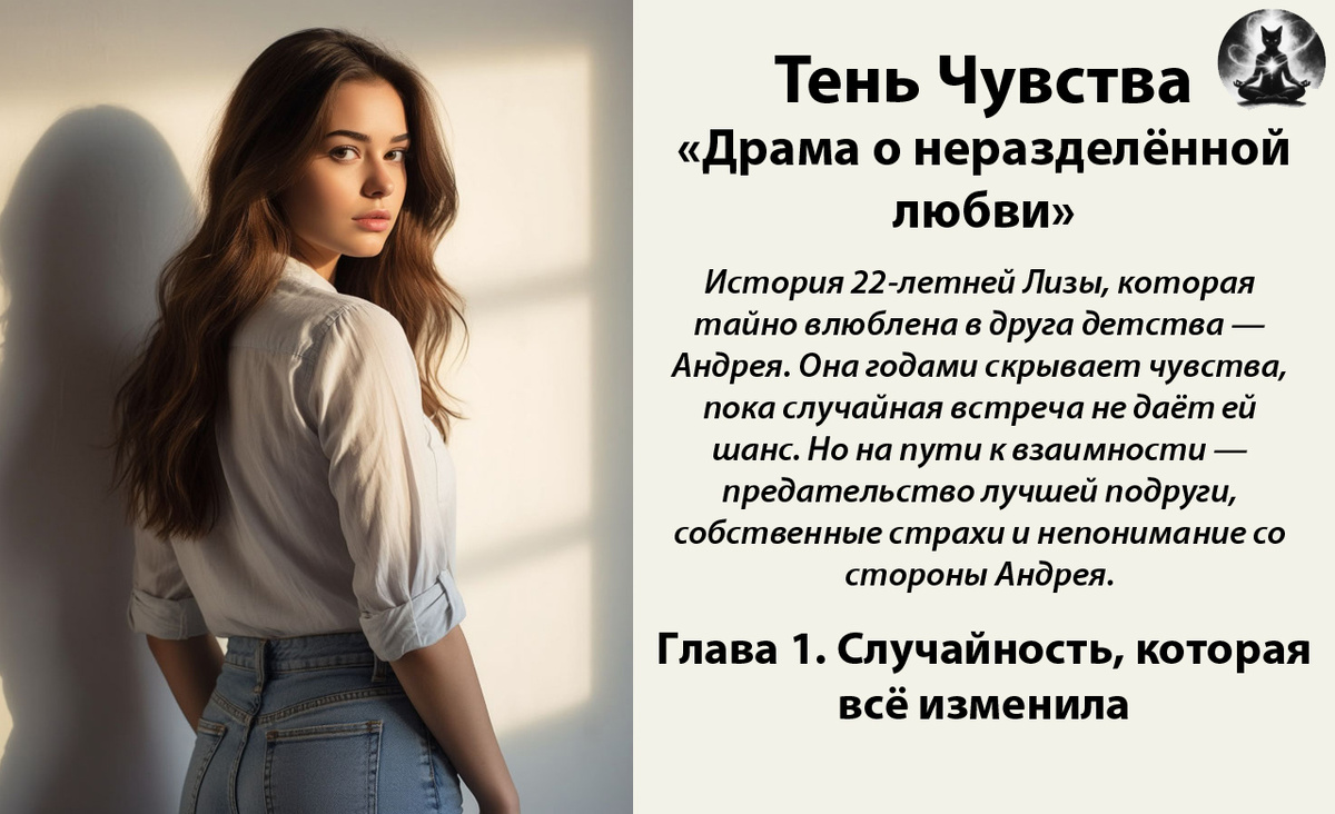 Тень чувства. «Драма о неразделённой любви». История 22-летней Лизы, которая тайно влюблена в друга детства — Андрея. Она годами скрывает чувства, пока случайная встреча не даёт ей шанс. *Картинка создана с помощью ИИ и доработана в фоторедакторе*