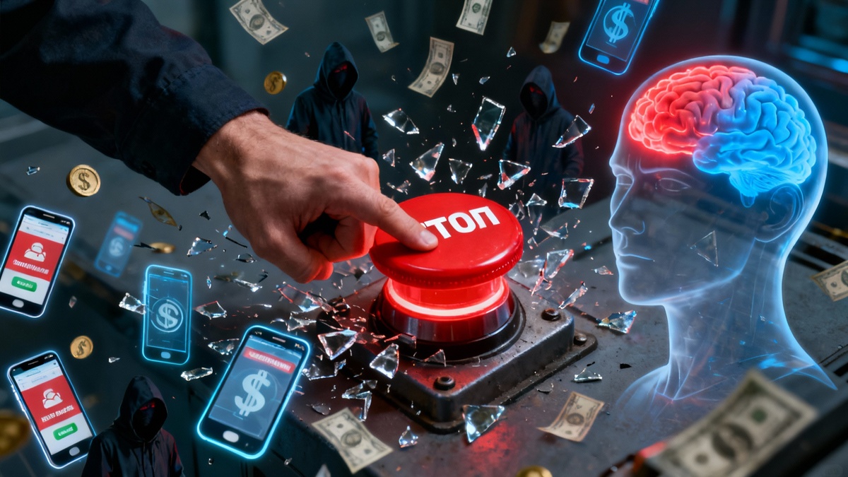 Обложка статьи про протокол защиты от мошенников СТОП-ВЫХОД-ПОМОЩЬ. Рука нажимает красную кнопку стоп, останавливая атаку хакеров и сохраняя деньги. Иллюстрация работы мозга в стрессовой ситуации