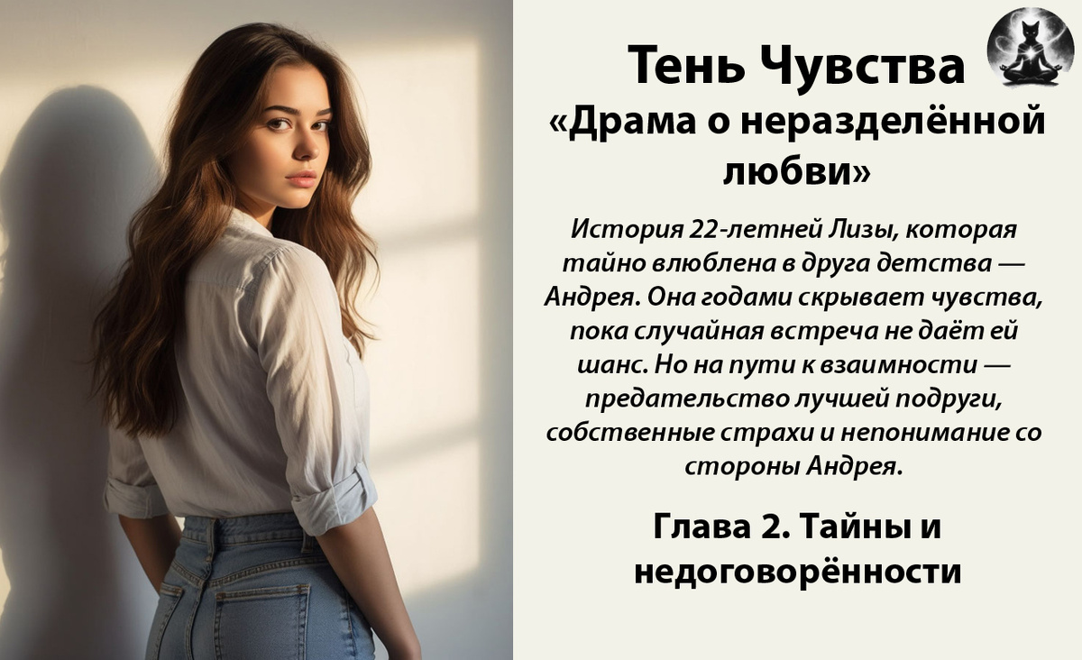 Тень чувства. «Драма о неразделённой любви». История 22-летней Лизы, которая тайно влюблена в друга детства — Андрея. Она годами скрывает чувства, пока случайная встреча не даёт ей шанс. *Картинка создана с помощью ИИ и доработана в фоторедакторе*
