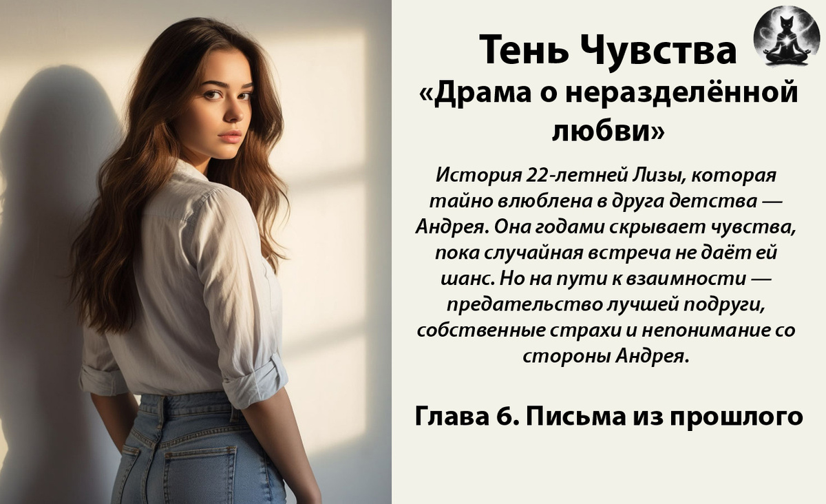 Тень чувства. «Драма о неразделённой любви». История 22-летней Лизы, которая тайно влюблена в друга детства — Андрея. Она годами скрывает чувства, пока случайная встреча не даёт ей шанс. *Картинка создана с помощью ИИ и доработана в фоторедакторе*