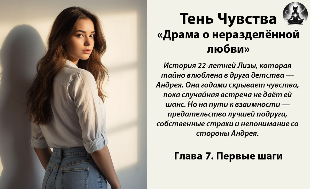 Тень чувства. «Драма о неразделённой любви». История 22-летней Лизы, которая тайно влюблена в друга детства — Андрея. Она годами скрывает чувства, пока случайная встреча не даёт ей шанс. *Картинка создана с помощью ИИ и доработана в фоторедакторе*