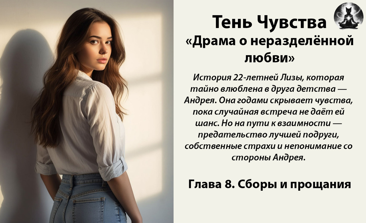 Тень чувства. «Драма о неразделённой любви». История 22-летней Лизы, которая тайно влюблена в друга детства — Андрея. Она годами скрывает чувства, пока случайная встреча не даёт ей шанс. *Картинка создана с помощью ИИ и доработана в фоторедакторе*