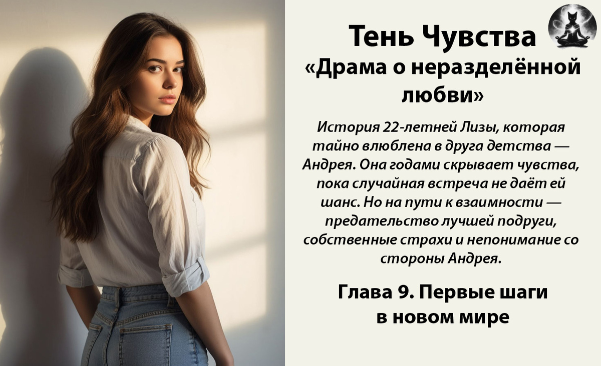 Тень чувства. «Драма о неразделённой любви». История 22-летней Лизы, которая тайно влюблена в друга детства — Андрея. Она годами скрывает чувства, пока случайная встреча не даёт ей шанс. *Картинка создана с помощью ИИ и доработана в фоторедакторе*