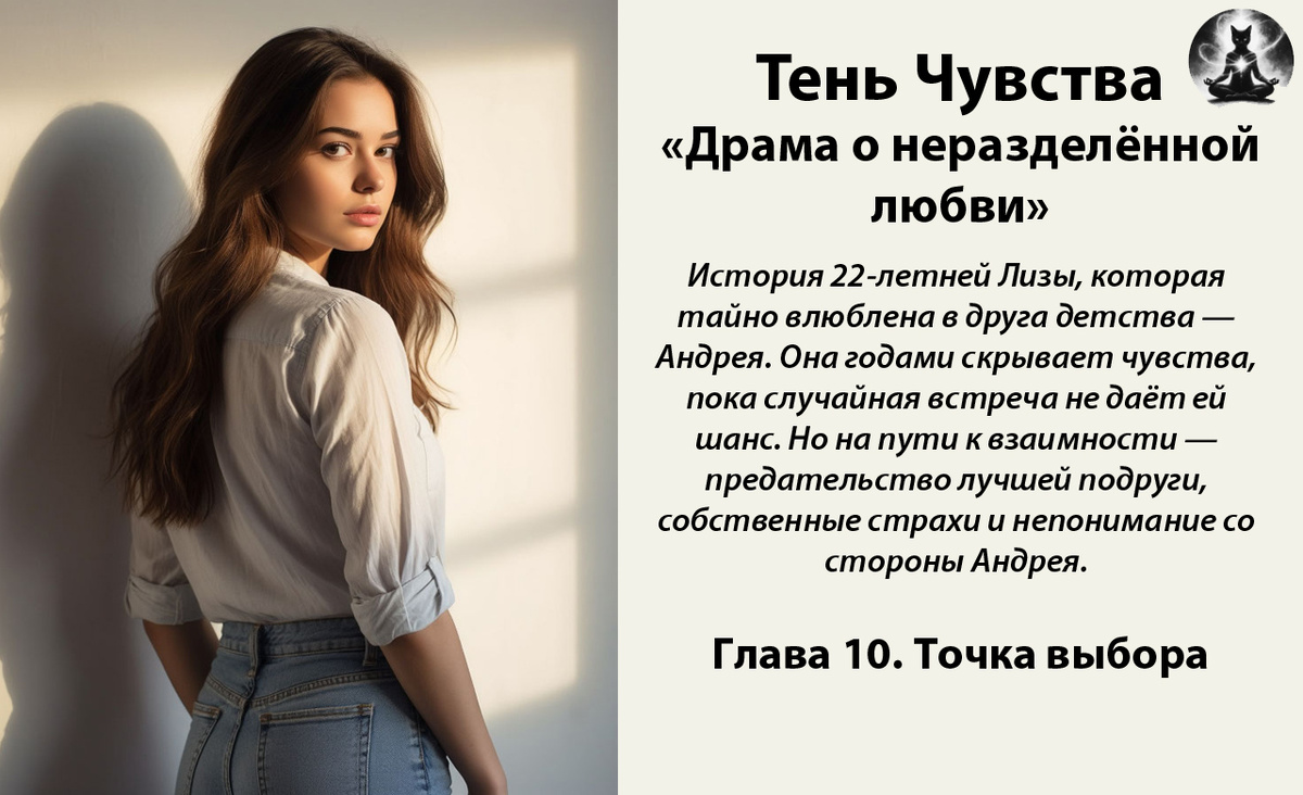 Тень чувства. «Драма о неразделённой любви». История 22-летней Лизы, которая тайно влюблена в друга детства — Андрея. Она годами скрывает чувства, пока случайная встреча не даёт ей шанс. *Картинка создана с помощью ИИ и доработана в фоторедакторе*