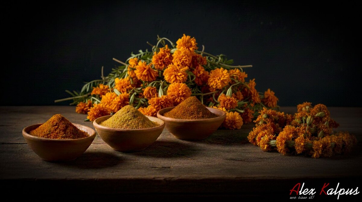 Готовим имеретинский шафран дома: одну из главных грузинских пряностей. В пиалах молотый шафран из нескольких сортов бархатцев.