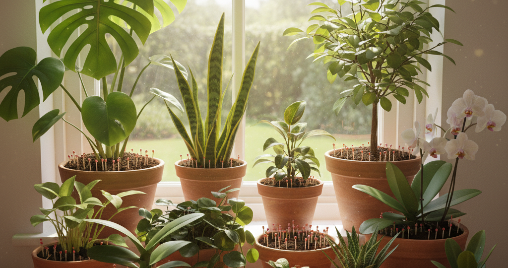 Мошки исчезли из горшков за сутки: просто воткнул 3 спички головками вниз (результат на всем подоконнике — 12 кашпо)