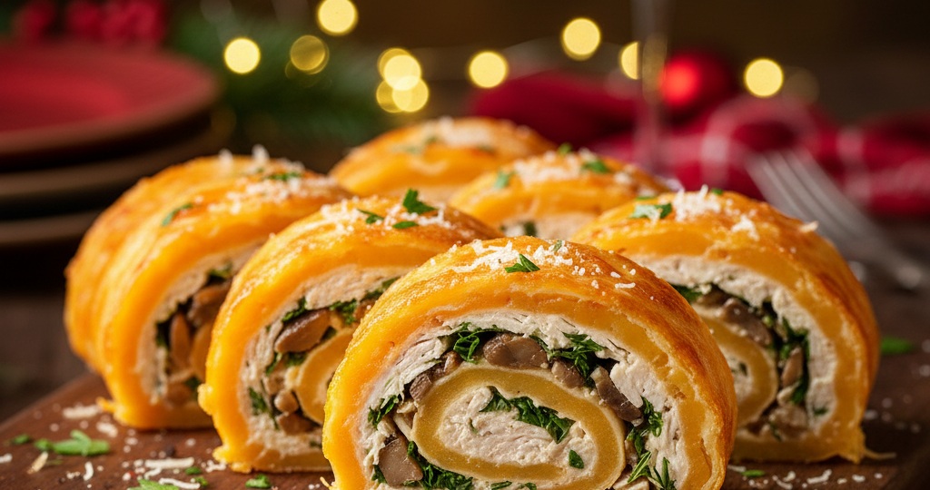 Сырный рулет с курицей и грибами