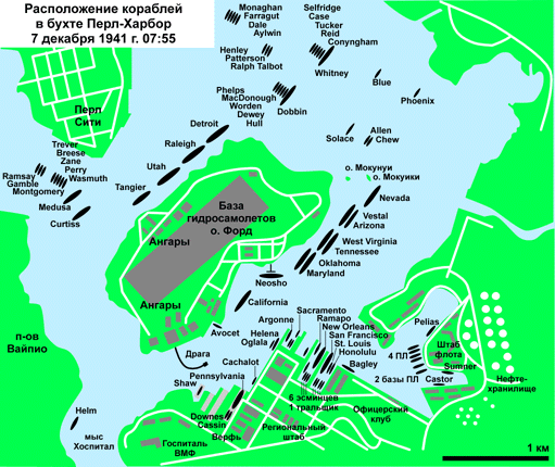 Расположение кораблей в бухте Перл-Харбор
