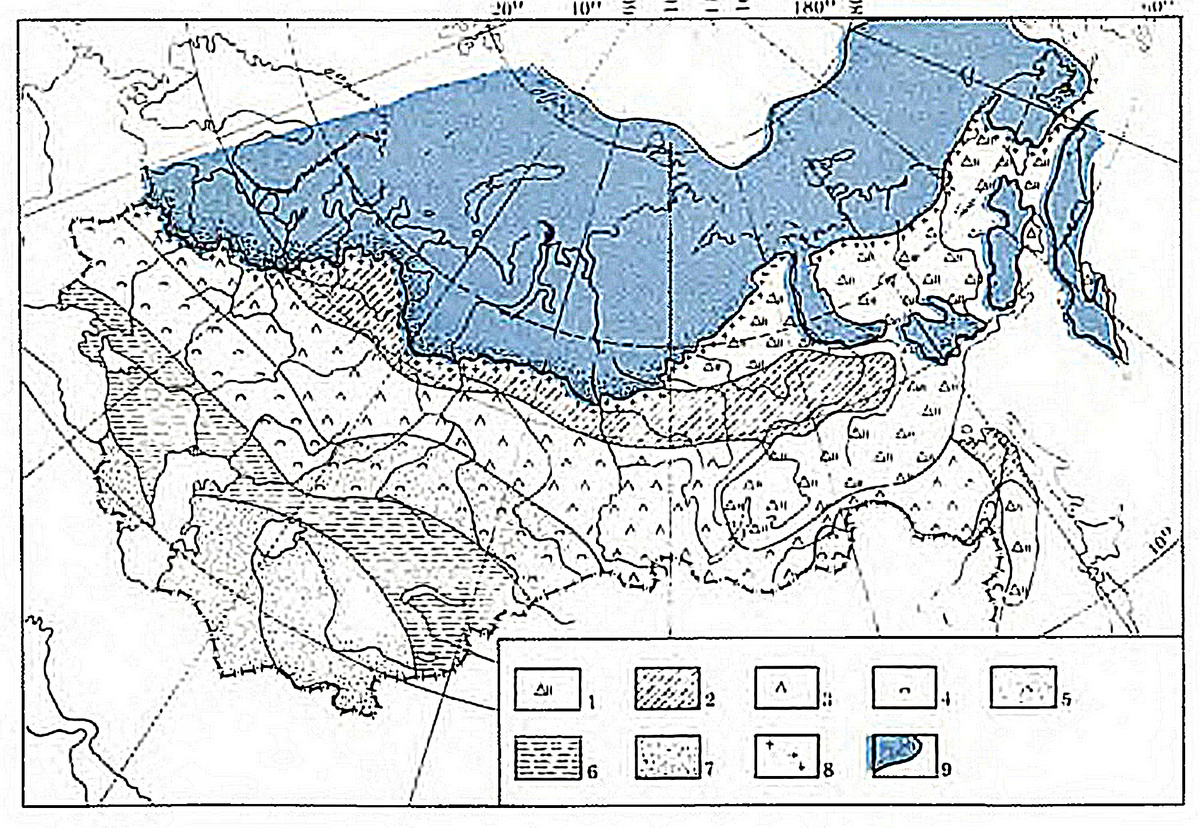 Рис. 01. Растительные зоны в эпоху последнего оледенения (по Г. Лидтке с уточнениями М. Муратовой)
1 – безлесная тундра, равнинная и горная; 2 – лесотундра; 3 – хвойное редколесье; 4 – холодная лесостепь; 5 – лесостепь; 6 – степь; 7 – полупустыни и пустыни; 8 – приледниковая растительность; 9 – ледниковые щиты и горно-ледниковые комплексы[29].
