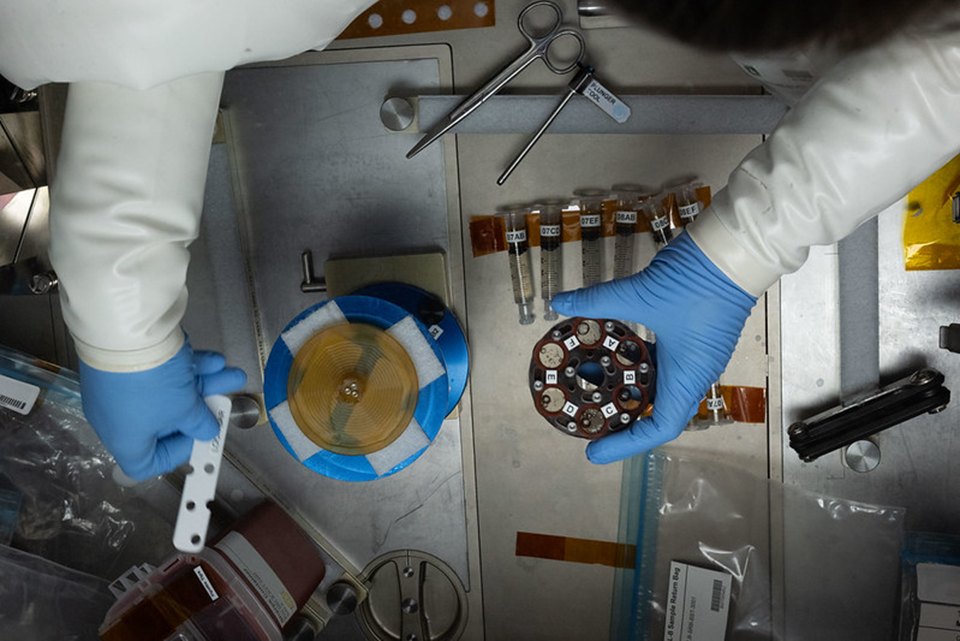 Астронавт проводит биотехнологический эксперимент MABL-B в перчаточном боксе LSG ЭМ kibo. Фото: nasa.blog.com