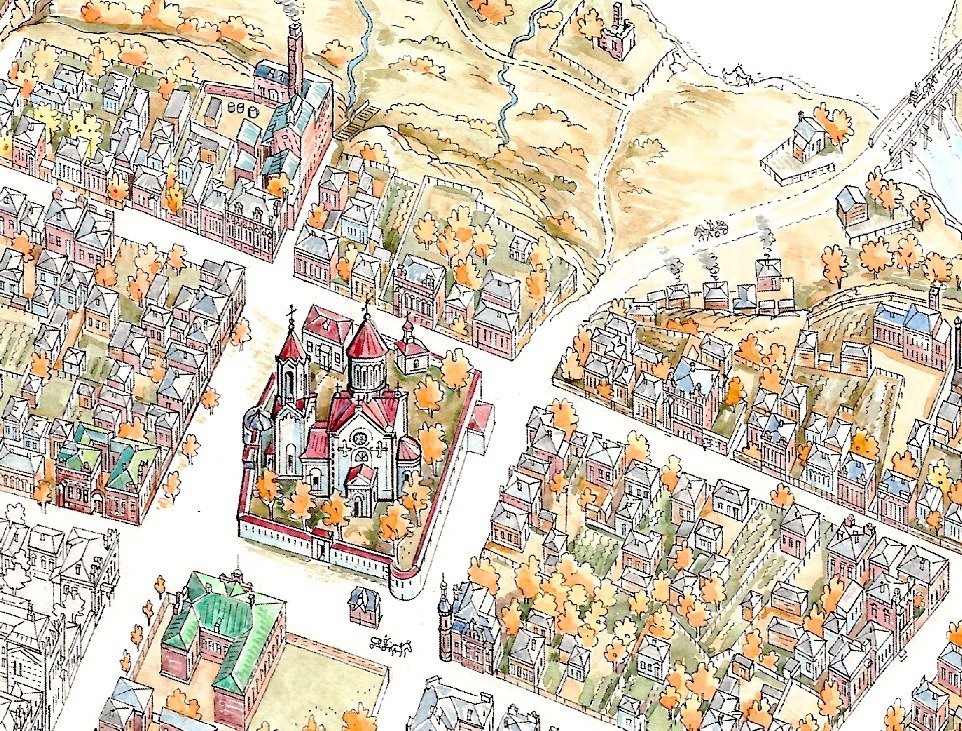 Реконструкция общего вида площади армянской Успенской церкви в 1913 году. Художник Рубен Атоян, г. Минск, 2023 год.Источник: https://virtual-tours-of-kuban.ru/t3/