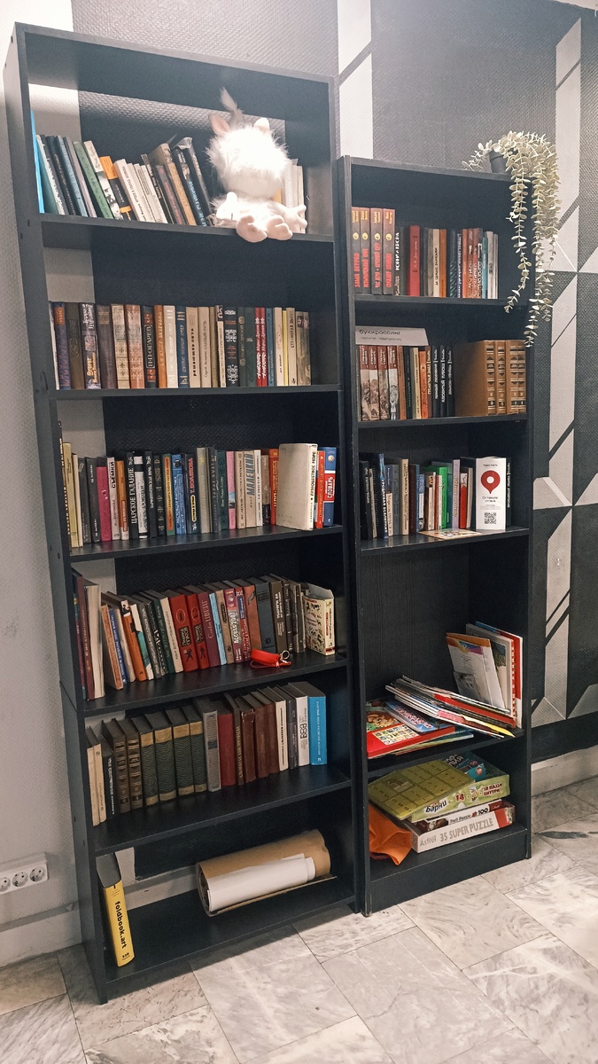 Две полки с книгами. Надо сказать, ассортимент частенько обновляется. 