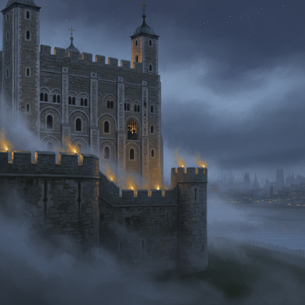 Мрачный, атмосферный вид на Лондонский Тауэр 15 века в сумерках. Туман, свет факелов на стенах, силу...