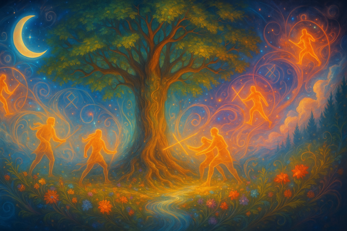 Энергетический прогноз на 23 ноября: Мировое Древо, вокруг которого пять светящихся фигур с жезлами спорят в космическом небе. Символика руны Эйваз и карты Таро 5 жезлов, магический день испытаний, закалки характера и внутренней силы.